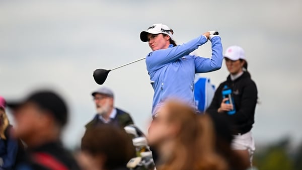 3 July 2025; Leona Maguire of Ireland watches her tee shot on the 12th hole during day one of the 2025 KPMG Women’s Irish Open Golf Championship at Carton House Golf Club in Maynooth, Kildare. Photo by Seb Daly/Sportsfile
