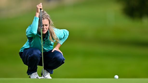 29 August 2024; Emma Fleming of Ireland lines up a putt on the 13th green during day one of the KPMG Women's Irish Open at Carton House Golf Club in Maynooth, Kildare. Photo by Sam Barnes/Sportsfile