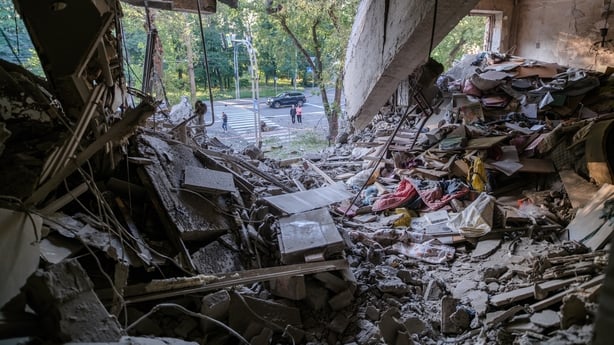 KYIV, UKRAINE - JULY 4: Rubble lies inside apartment at damaged residential building after Russian drone and missile attack on July 4, 2025 in Kyiv, Ukraine. Russian army launched a mass strike on Ukraine, using almost 540 drones and more than 10 missiles of various types, most of which were targete
