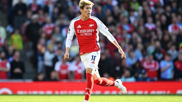Takehiro Tomiyasu of Arsenal looks on during the Premier League match between Arsenal FC and Southampton FC at Emirates Stadium on October 05, 2024 in London, England. (Photo by David Price/Arsenal FC via Getty Images)