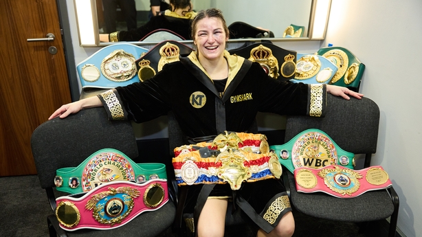DUBLIN, IRELAND - NOVEMBER 25: Katie Taylor in dressing room after her victory over Chantelle Cameron and all her belts at The 3Arena Dublin on November 25, 2023 in Dublin, Ireland. (Photo by Mark Robinson/Getty Images)