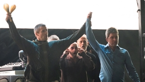 The brothers held their hands in the air as they arrived on stage