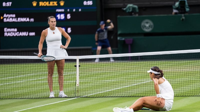 Aryna Sabalenka, left, during her third-round victory over Emma Raducanu