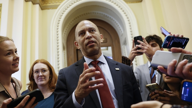 WASHINGTON, DC - JULY 03: U.S. House Minority Leader Hakeem Jeffries (D-NY) speaks to reporters as he walks off the House floor after speaking for 8 hours and 45 minutes as the House debates the One, Big, Beautiful Bill Act at the U.S. Capitol on July 03, 2025 in Washington, DC. Jeffries broke the r
