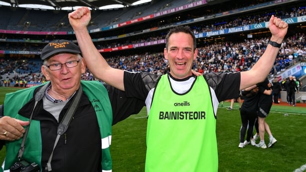 Kildare manager Brian Dowling celebrates with photographer Martin Rowe after the Joe McDonagh Cup final match between Kildare and Laois at Croke Park in Dublin.