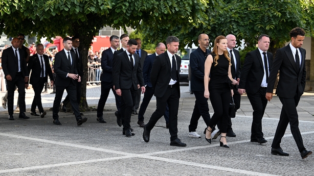 GONDOMAR, PORTUGAL - JULY 05: Players, Coaching Staff and Representatives of Liverpool FC arrive at a funeral held for Diogo Jota and his brother Andre Silva at Igreja Matriz de Gondomar on July 05, 2025 in Gondomar, Portugal. Diogo Jota was a professional football player for Liverpool FC and the Po