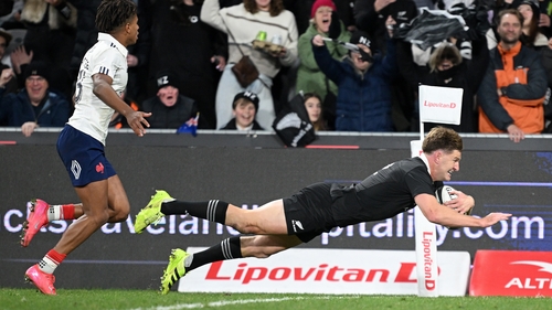 Jordie Barrett goes over for a try