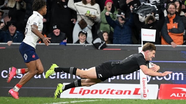 Jordie Barrett of New Zealand scores a try during the International Test match between New Zealand All Blacks and France