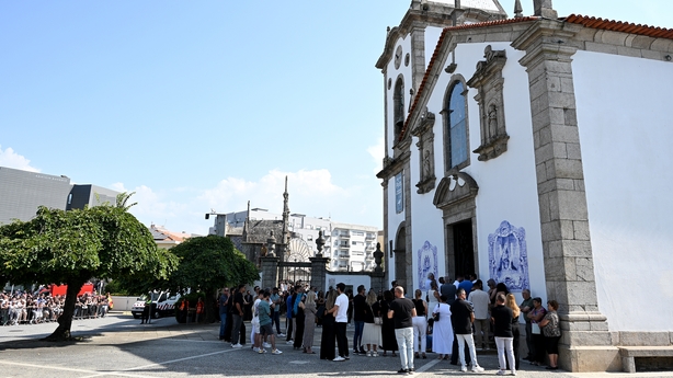 GONDOMAR, PORTUGAL - JULY 05: A general view of the outside of the Church at a funeral held for Diogo Jota and his brother Andre Silva at Igreja Matriz de Gondomar on July 05, 2025 in Gondomar, Portugal. Diogo Jota was a professional football player for Liverpool FC and the Portuguese national team,