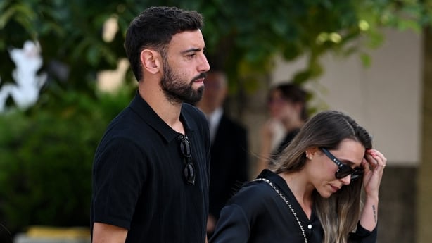 GONDOMAR, PORTUGAL - JULY 05: Bruno Fernandes, football player for Manchester United and the Portugal national team, arrives with Wife Ana Pinho at a funeral held for Diogo Jota and his brother Andre Silva at Igreja Matriz de Gondomar on July 05, 2025 in Gondomar, Portugal. Diogo Jota was a professi
