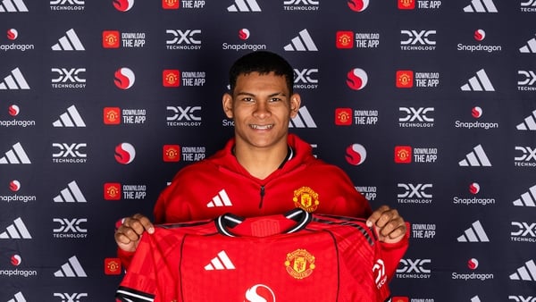 Diego Leon of Manchester United poses after signing for the club at Carrington Training Ground on July 05, 2025 in Manchester, England.