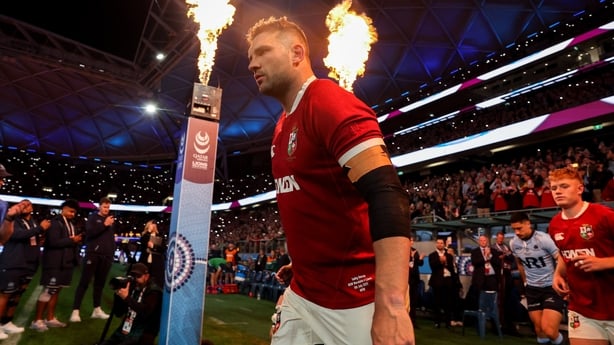 5 July 2025; British & Irish Lions captain Tadhg Beirne leads his side onto the pitch before the tour match between NSW Waratahs and the British & Irish Lions at the Allianz Stadium in Sydney, Australia. Photo by Steve Christo/Sportsfile