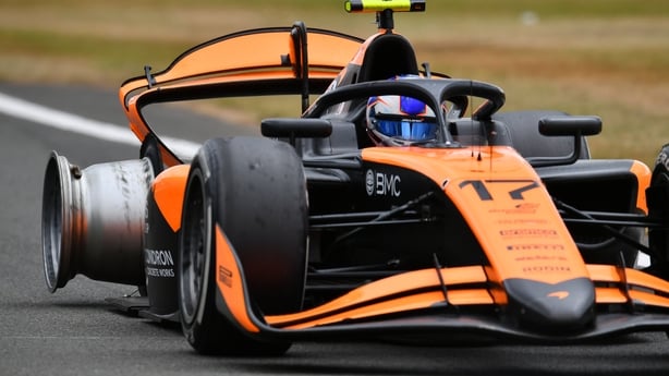 Alexander Dunne of Ireland and Rodin Motorsport (17) heads to the pitlane with a missing tyre after a puncture during the Round 8 Silverstone Sprint race of the Formula 2 Championship at Silverstone Circuit on July 05, 2025 in Northampton, England.