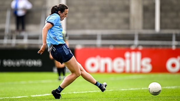 5 July 2025; Hannah Tyrrell of Dublin scores her side's first goal from a penalty during the TG4 All-Ireland Ladies Football Senior Championship quarter-final match between Dublin and Cork at Parnell Park in Dublin. Photo by Seb Daly/Sportsfile