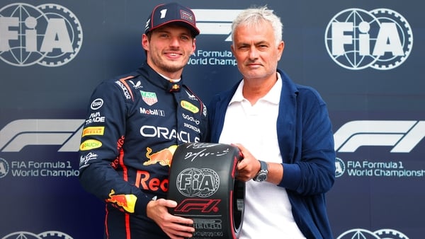 Pole position qualifier Max Verstappen of the Netherlands and Oracle Red Bull Racing receives his Pirelli Pole Position Award from Jose Mourinho during qualifying ahead of the F1 Grand Prix of Great Britain at Silverstone Circuit on July 05, 2025 in North