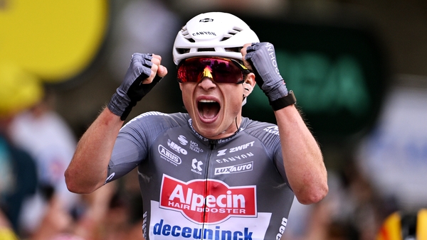 Jasper Philipsen of Belgium and Team Alpecin - Deceuninck celebrates at finish line as stage winner during the 112th Tour de France 2025, Stage 1 a 184.9km stage from Lille to Lille / #UCIWT / on July 05, 2025 in Lille, France.