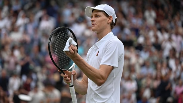 Jannik Sinner of Italy acknowledges the crowd following his victory against Pedro Martinez of Spain in the Gentlemen's Singles third round match on day six of The Championships Wimbledon 2025 at All England Lawn Tennis and Croquet Club on July 05, 2025 in London, England.