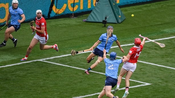 5 July 2025; Alan Connolly of Cork shoots to score his side's third goal during the GAA Hurling All-Ireland Senior Championship semi-final match between Cork and Dublin at Croke Park in Dublin. Photo by Stephen McCarthy/Sportsfile