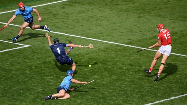 5 July 2025; Brian Hayes of Cork shoots to score his side's fourth goal past Dublin goalkeeper Sean Brennan during the GAA Hurling All-Ireland Senior Championship semi-final match between Cork and Dublin at Croke Park in Dublin. Photo by Stephen McCarthy/Sportsfile