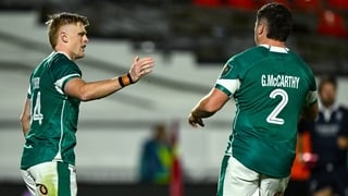 5 July 2025; Tommy O'Brien of Ireland, left, celebrates with teammate Gus McCarthy after scoring their side's first try during the International Rugby Test match between Georgia and Ireland at at Mikheil Meskhi Stadium in Tbilisi, Georgia. Photo by Brenda