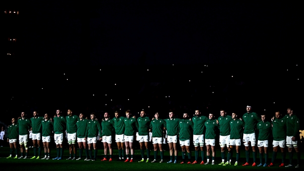 5 July 2025; Ireland players stand for their national anthem before the International Rugby Test match between Georgia and Ireland at at Mikheil Meskhi Stadium in Tbilisi, Georgia. Photo by Brendan Moran/Sportsfile