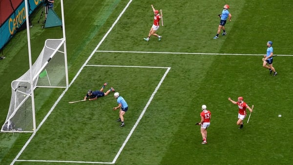 5 July 2025; Alan Connolly of Cork, top, celebrates after scoring his side's second goal during the GAA Hurling All-Ireland Senior Championship semi-final match between Cork and Dublin at Croke Park in Dublin. Photo by David Fitzgerald/Sportsfile