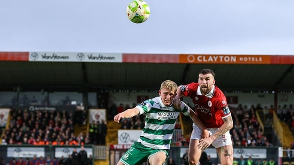 5 July 2025; Michael Noonan of Shamrock Rovers in action against Patrick McClean of Sligo Rovers during the SSE Airtricity Men's Premier Division match between Sligo Rovers and Shamrock Rovers at The Showgrounds in Sligo. Photo by Thomas Flinkow/Sportsfil