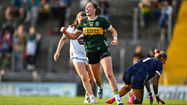 5 July 2025; Síofra O'Shea of Kerry celebrates after scoring her side's third goal during the TG4 All-Ireland Ladies Football Senior Championship quarter-final match between Kerry and Kildare at Austin Stack Park in Tralee, Kerry. Photo by Tyler Miller/Sp