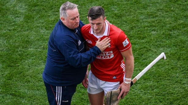 5 July 2025; Cork manager Pat Ryan and Patrick Horgan after the GAA Hurling All-Ireland Senior Championship semi-final match between Cork and Dublin at Croke Park in Dublin. Photo by Stephen McCarthy/Sportsfile