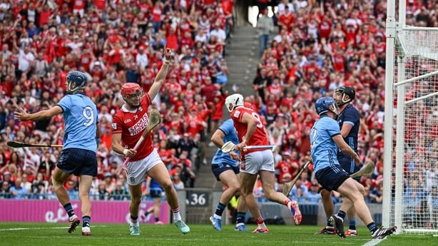 5 July 2025; Alan Connolly of Cork, 14, celebrates scoring his side's third goal during the GAA Hurling All-Ireland Senior Championship semi-final match between Cork and Dublin at Croke Park in Dublin. Photo by Ray McManus/Sportsfile