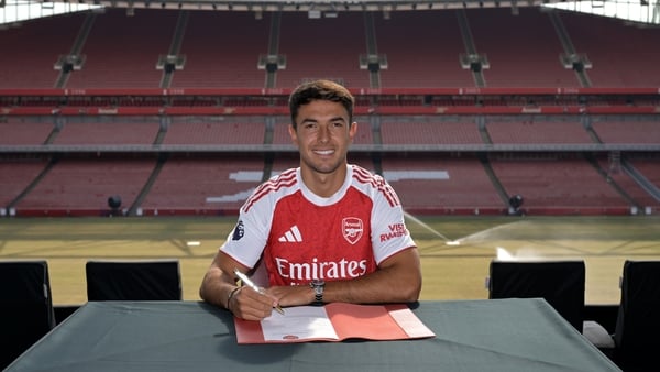 Arsenal unveil new signing Martin Zubimendi at Emirates Stadium on July 02, 2025 in London, England.