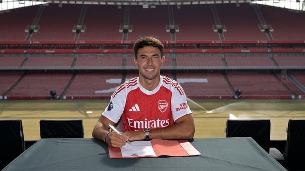 Arsenal unveil new signing Martin Zubimendi at Emirates Stadium on July 02, 2025 in London, England.