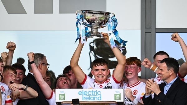 Pádraig Donaghy of Tyrone celebrates with the cup after the Electric Ireland GAA Football All-Ireland Minor Championship final match between Kerry and Tyrone at Cedral St Conleth's Park in Newbridge, Kildare.