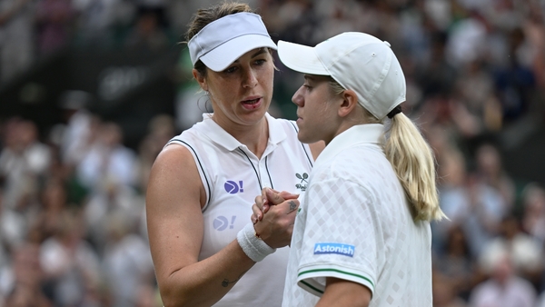 Anastasia Pavlyuchenkova shakes hands with Sonay Kartal of Great Britain at the net following the Ladies' Singles fourth round match on day seven of The Championships Wimbledon 2025 at All England Lawn Tennis and Croquet Club on July 06, 2025 in London, E