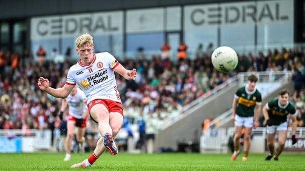 Peter Colton of Tyrone scores his side's first goal, a penalty, during the Electric Ireland GAA Football All-Ireland Minor Championship final match between Kerry and Tyrone at Cedral St Conleth's Park in Newbridge, Kildare.