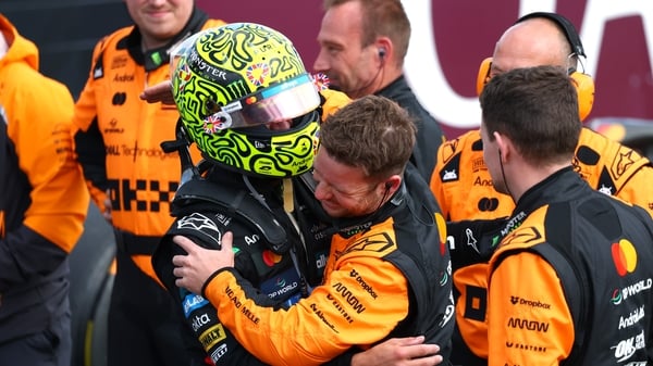 Race winner Lando Norris of Great Britain and McLaren celebrates in parc ferme during the F1 Grand Prix of Great Britain at Silverstone Circuit on July 06, 2025 in Northampton, England.