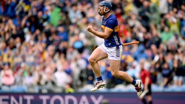 6 July 2025; Jason Forde of Tipperary celebrates after scoring his side's third goal during the GAA Hurling All-Ireland Senior Championship semi-final match between Kilkenny and Tipperary at Croke Park in Dublin. Photo by Ramsey Cardy/Sportsfile
