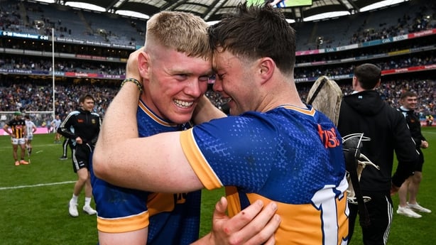6 July 2025; Oisin O'Donoghue, left, and Darragh McCarthy of Tipperary celebrate after the GAA Hurling All-Ireland Senior Championship semi-final match between Kilkenny and Tipperary at Croke Park in Dublin. Photo by Ramsey Cardy/Sportsfile