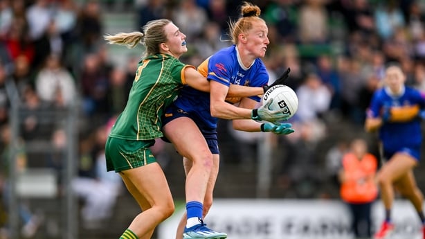6 July 2025; Aishling Moloney of Tipperary in action against Mary Kate Lynch of Meath during the TG4 All-Ireland Ladies Football Senior Championship quarter-final match between Meath and Tipperary at Páirc Tailteann in Navan, Meath. Photo by Stephen Marken/Sportsfile 