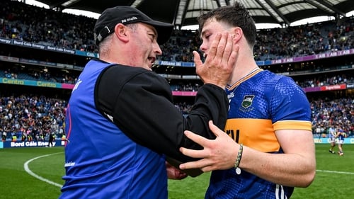 Tipperary manager Liam Cahill (L) and Darragh McCarthy after the All-Ireland SHC semi-final