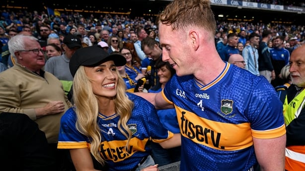 6 July 2025; Michael Breen of Tipperary celebrates with his girlfriend, Irish Olympian, Sharlene Mawdsley after the GAA Hurling All-Ireland Senior Championship semi-final match between Kilkenny and Tipperary at Croke Park in Dublin. Photo by David Fitzgerald/Sportsfile