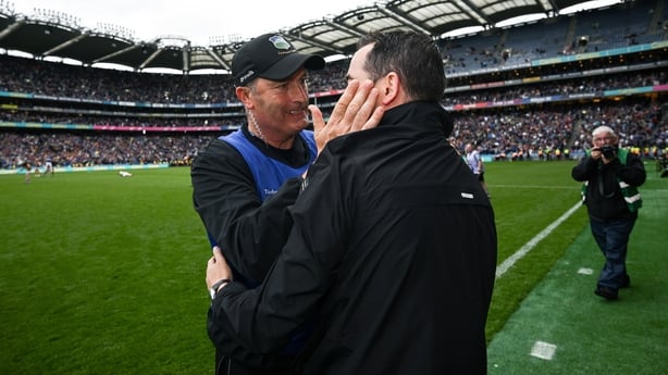 6 July 2025; Tipperary manager Liam Cahill, left, celebrates with coach Michael Bevans after the GAA Hurling All-Ireland Senior Championship semi-final match between Kilkenny and Tipperary at Croke Park in Dublin. Photo by Ramsey Cardy/Sportsfile