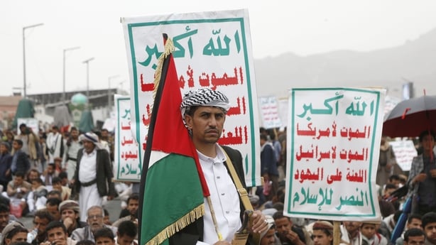 Hundreds of people gather at Sabin Square after Friday prayers to protest against Israel's attacks on Gaza and a potential American-Israeli intervention in Yemen, on June 4, 2025, in Sanaa, Yemen.
