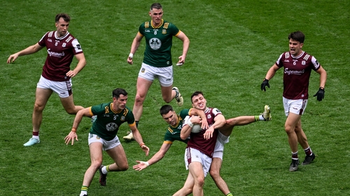 Meath's Ciarán Caulfield tackling Damien Comer in the recent All-Ireland quarter-final