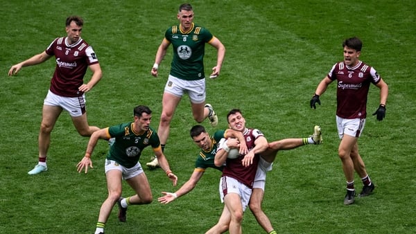 Meath's Ciarán Caulfield tackling Damien Comer in the recent All-Ireland quarter-final