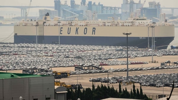 Vehicles for export are seen at a port in Pyeongtaek, southwest of Seoul on July 8