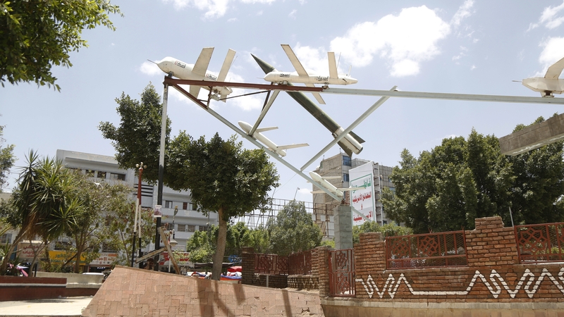 Mock missiles and drones are displayed at a popular square in Sana'a, Yemen