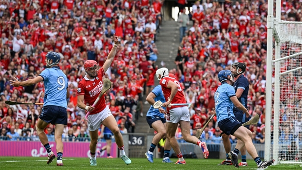 Dublin , Ireland - 5 July 2025; Alan Connolly of Cork, 14, celebrates scoring his side's third goal during the GAA Hurling All-Ireland Senior Championship semi-final match between Cork and Dublin at Croke Park in Dublin. (Photo By Ray McManus/Sportsfile via Getty Images)