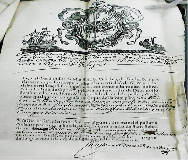1 Forged maritime health certificate issued in Porto, 1704, for the Aylward of Youghal. It falsely claimed the ship was cleared from Porto and free of disease, concealing the fact it was returning from France (National Archive Kew HCA 32/48/26).