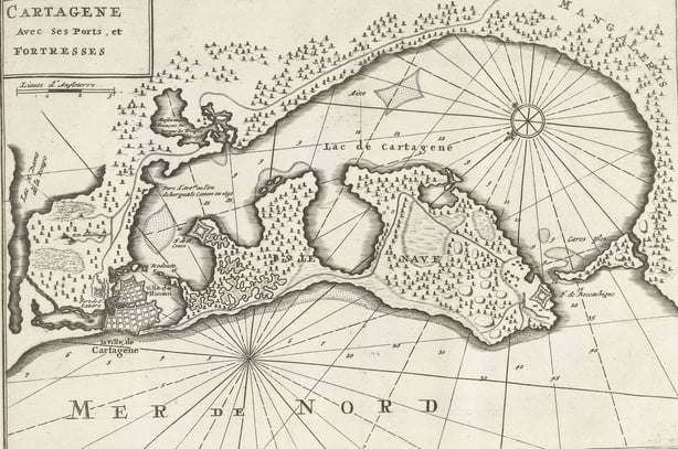 Map of Cartagena in Colombia, 1726, Cartagene Avec ses Ports, et Fortresses (title on object), Les Forces de l'Europe, Asie, Afrique et Amerique (...) Comme also les Cartes des Cotes de France et d'Espagne (series title on object), Map of the city of Cartagena and surroundings in Colombia. Plate no.